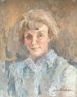 Irena Knothe (1904-1986), Portret kobiety w błękitnej koszuli, lata 60. XX w.
