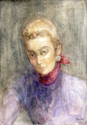 Irena Knothe (1904-1986), Portret w czerwonej chustce, lata 70. XX w.