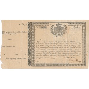 Certyfikat - Posiłki Polskie pożyczka na 600 złotych 1831 z grzbietem