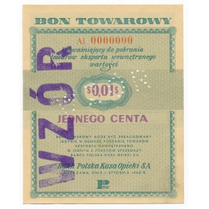 Pewex Bon Towarowy 1 cent 1960 WZÓR -Al 0000000 