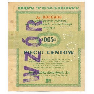Pewex Bon Towarowy 5 centów 1960 WZÓR Aa 0000000 