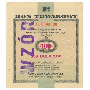 Pewex Bon Towarowy 100 dolarów 1960 WZÓR Ak 0000000 - RZADKOŚĆ