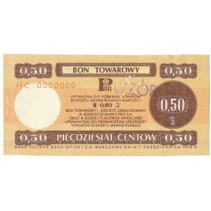 Pewex Bon Towarowy 50 centów 1979 WZÓR HC 0000000 