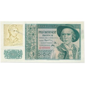 50 złotych 1939 -A 000000- PRÓBA DRUKU z innym znakiem wodnym - UNIKAT