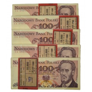 5 x Paczka bankowa 100 złotych 1986 -SA- 500 sztuk