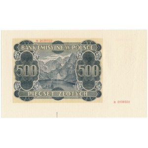 500 złotych 1940 -B- nieukończony druk z kreską pasera drukarskiego