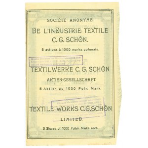 C.G. SCHON Textilwerke, 5 x 1000 Mark 1920