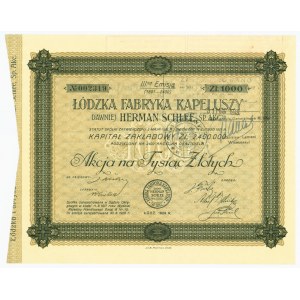 Łódzka Fabryka Kapeluszy dawniej HERMAN SCHLEE S.A. , Em.3, 1.000 złotych 1929 - RZADKOŚĆ