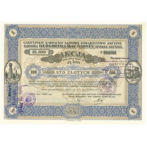 Galicyjskie Karpackie Naftowe Towarzystwo Akcyjne dawniej Bergheim & Mac Garvey, 100 złotych 1931