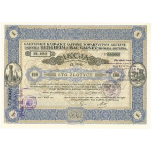 Galicyjskie Karpackie Naftowe Towarzystwo Akcyjne dawniej Bergheim & Mac Garvey, 100 złotych 1931
