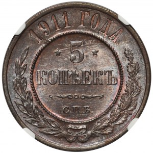 Rosja, Mikołaj II, 5 kopiejek 1911 - NGC MS65 BN