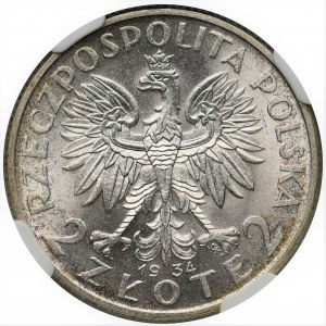 Głowa Kobiety 2 złote 1934 - NGC MS62 - skrętka