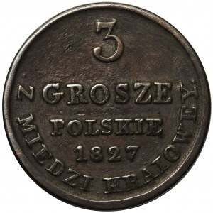 Królestwo Polskie, 3 grosze polskie 1827 I.B. z MIEDZI KRAIOWEY