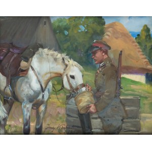 Jerzy Kossak (1886 Kraków - 1955 tamże), Ułan pojący konia, 1936 r.