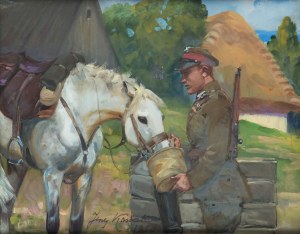 Jerzy Kossak (1886 Kraków - 1955 tamże), Ułan pojący konia, 1936 r.