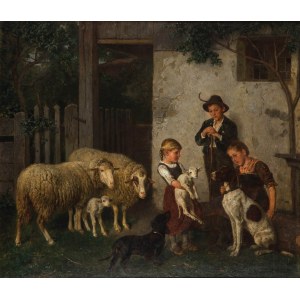 Adolf Eberle (1843-1914), Genre Scene - Children with lambs and dogs