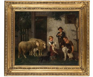 Adolf Eberle (1843-1914), Scena rodzajowa - Dzieci z barankami i psami