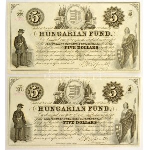 1852. 5$ B Kossuth bankó piros kézi sorszámozással, nyomdai papírránccal (2x) sorszámkövetők 15622 - 15623 T:UNC...