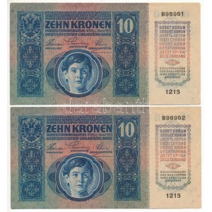 1915. 10K (2x) sorszámkövetők 1215 896961 - 1215 896962 T:AU / Hungary 1915. 10 Korona (2x) consecutive serials ...