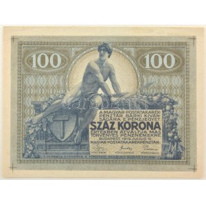 1919. július 15. 100K Postatakarékpénztári jegy tervezte Helbing Ferenc. Elő- és hátlapi nyomat egy oldalon...