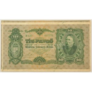 1929. 10P B 420 007375 kézzel vágott, jobb alsó sarok(?) ívdarab, három másik látható bankjegyrészlettel...