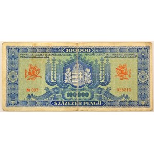 1945. 100.000P kék színű M 003 025316 korabeli hamis, kézzel rajzolt zöld MNB bélyeggel! T:VG / Hungary 1945. 100...