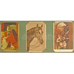 86 db főleg RÉGI képeslap régi nagy szecessziós albumban, vegyes minőségben: olasz művészlapok (Chiostri), vadász...