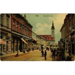 1913 Baja, Báró Eötvös utca, templom, piac, László Lajos borbély és fodrász terme, Kulka Sándor órás, Reich Bernát...
