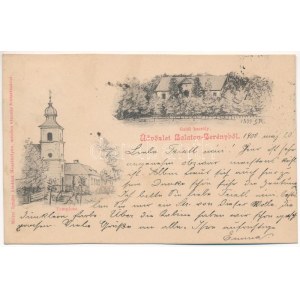 1900 Balatonberény, Grófi kastély, templom. Mérei Ignác kiadása s: S.R.