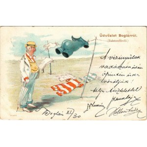 ~1901 Balatonboglár, Üdvözlet Boglárról, Balatonfürdő - humoros litho (EB)