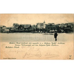 1901 Balatonfüred-fürdő, Alsó nyaralók és Stefánia Yacht clubháza télen, úr a befagyott Balaton jegén. Schmidt Edgar ...