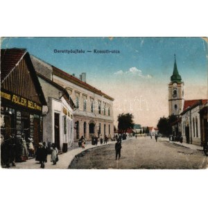 1921 Berettyóújfalu, Kossuth utca, templom, Oroszlán szálloda, Adler Béla üzlete és saját kiadása (kis szakadás ...