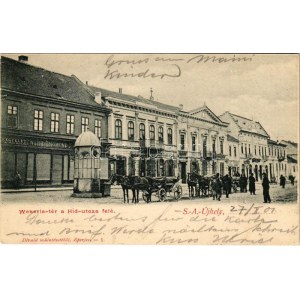 1901 Sátoraljaújhely, Wekerle tér a híd utca felé, Weisz Zsigmond, Landesmann Miksa, Stercz Jenő, Löw Mihály üzlete...
