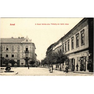 Arad, Szent István utca a Thököly tér felől, piac, Vondra Demeter üzlete. Kerpel Izsó kiadása / street, market...