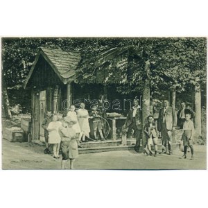 Báznafürdő, Baile Bazna, Bad-Baassen; Magazin cu diverse articole / Verkaufsbude / Elárusító bódé üzlete. Holzträger ...