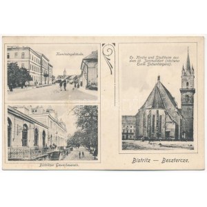 Beszterce, Bistritz, Bistrita; Komitatsgebäude, Ev. Kirche und Stadtturm aus dem 15. Jahrhundert ...