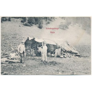 1908 Brassó, Kronstadt, Brasov; Schulergebirge, Ruya / Postavaru, Ruia / Keresztényhavas, Ruja, kunyhó. H...