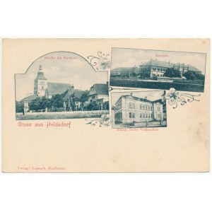 Höltövény, Heldsdorf, Halchiu; Kirche mit Rathaus, Kaserne, Evang. sächs. Volksschule / Templom és városháza, laktanya...