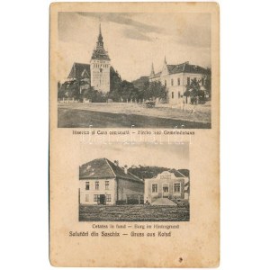 Szászkézd, Kaisd, Keisd, Saschiz; Biserica si Casa comunala, Cetatea in fund, Farmacia / Kirche und Gemeindehaus...