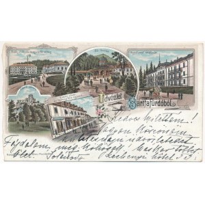 1896 (Vorläufer) Bártfa, Bártfafürdő, Bardejovské Kúpele, Bardiov, Bardejov; Deák szálloda és az új fürdőház, Főforrás...