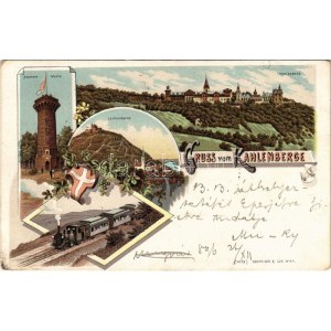 1896 (Vorläufer) Wien, Vienna, Bécs XIX. Kahlenberg, Leopoldsberg, Stefanie-Warte / lookout tower, train, locomotive...