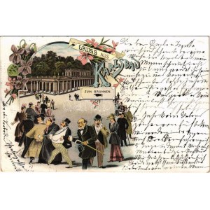 1899 (Vorläufer) Karlovy Vary, Karlsbad; Zum Brunnen / Jewish spa guests. Judaica Art Nouveau, floral, litho (r...