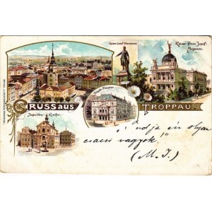 Opava, Troppau; Jesuiten Kirche, Kaiser Josef Monument, Stadt-Theater, Kasier Franz Josef Museum / church, statue...