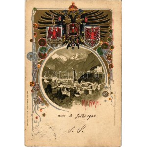 1900 Merano, Meran (Südtirol); Julius Scheibein Art Nouveau, embossed, coat of arms litho (EK)