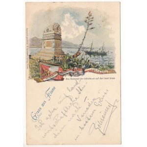 1900 Gruss aus Fiume, Das Denkmal der Gefallenen auf der Insel Lissa. A. Reinhard. K.u.K. Kriegsmarine / Osztrák...
