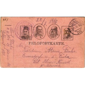 1916 Első világháborús tábori postai levelezőlap a Központi Hatalmak uralkodóival: V. Mehmed, I. Ferdinánd, II. Vilmos...