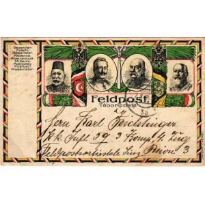 1916 Első világháborús tábori postai levelezőlap a Központi Hatalmak uralkodóival: V. Mehmed, I. Ferdinánd, II. Vilmos...