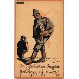 1918 Ein glückliches Neujahr! K.u.K. Feldpostkarte / Boldog Újévet! Első világháborús osztrák...