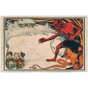 Krampusz / Krampus. G. Rüger & Co. Wien V/I. 1900. No. 51. Art Nouveau litho s: Karl Elleder (lyukak / pinholes...