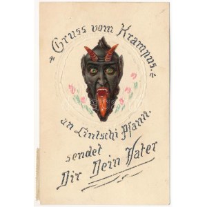 1924 Gruss vom Krampus an Lintschi Pfass sendet Dir Dein Vater / Dombornyomott díszített Krampuszos üdvözlet / Embossed...
